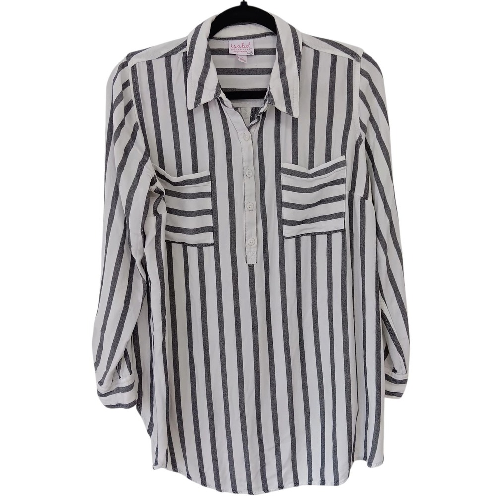 Isabel Maternity Flannel Shirt W Small Gray White Striped Button Down Soft